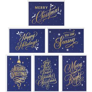 Hallmark Boxed Christmas Cards Assortment, Blue and Gold Holidays (6 Designs, 72 Cards with Envelopes)