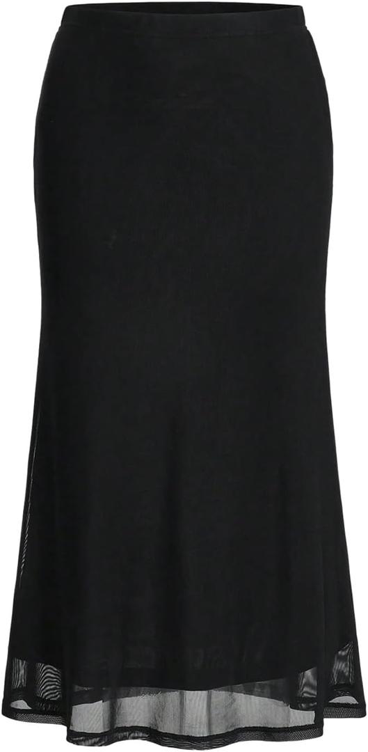 WDIRARA Women's Mesh Fishtail Long Skirt Elastic Waist Bodycon Skirts (S, Black)
