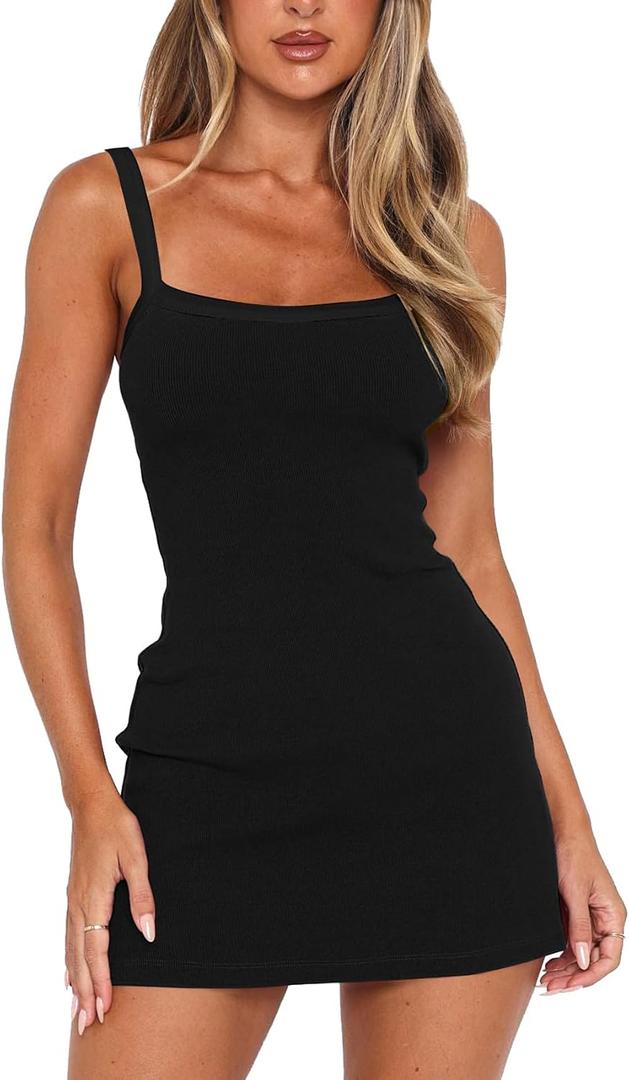 MISSJOY Women's 2026 Summer Ribbed Bodycon Casual Square Neck Sleeveless Tank Top Club Party Mini Dresses (Black, M)