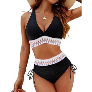 Blooming Jelly Women High Waisted Bikini Sets Tummy Control Swimsuits Color Block Two Piece Drawstring Bathing Suit M