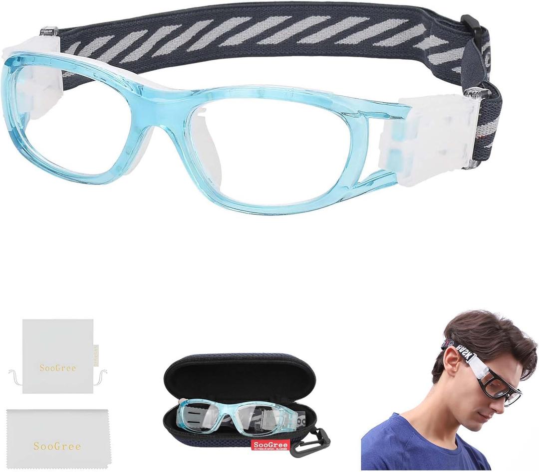 Safety Glasses Kids Sports Goggles Lacrosse Basketball Racquetball Eyewear Replaceable to Prescription Lenses (G8029 Blue Frame White Pad)