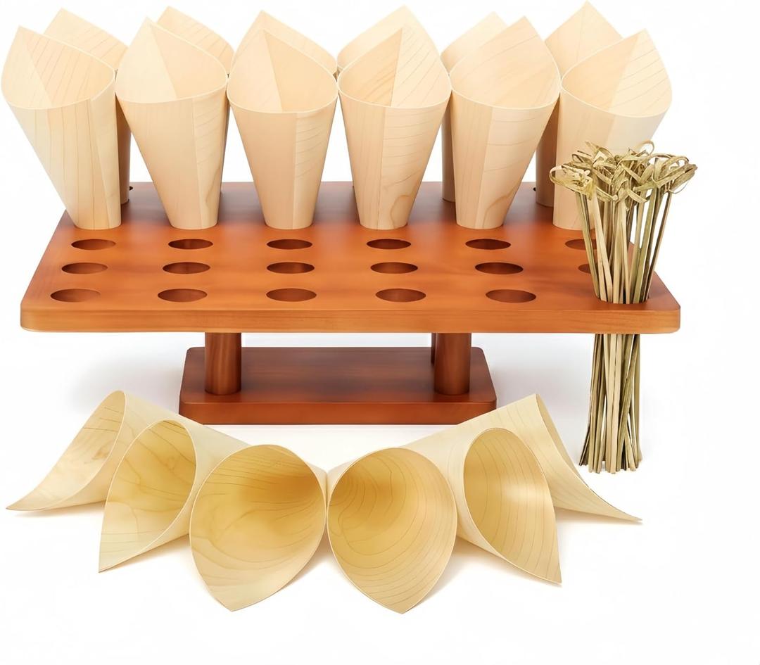 36 Slot Wooden Cone Holder Stand with 100 Cones & 100 Picks, 13 x 13 Appetizer & Dessert Cone Display for Catering Buffets, Charcuterie Cone Bar, Parties & Food Trucks