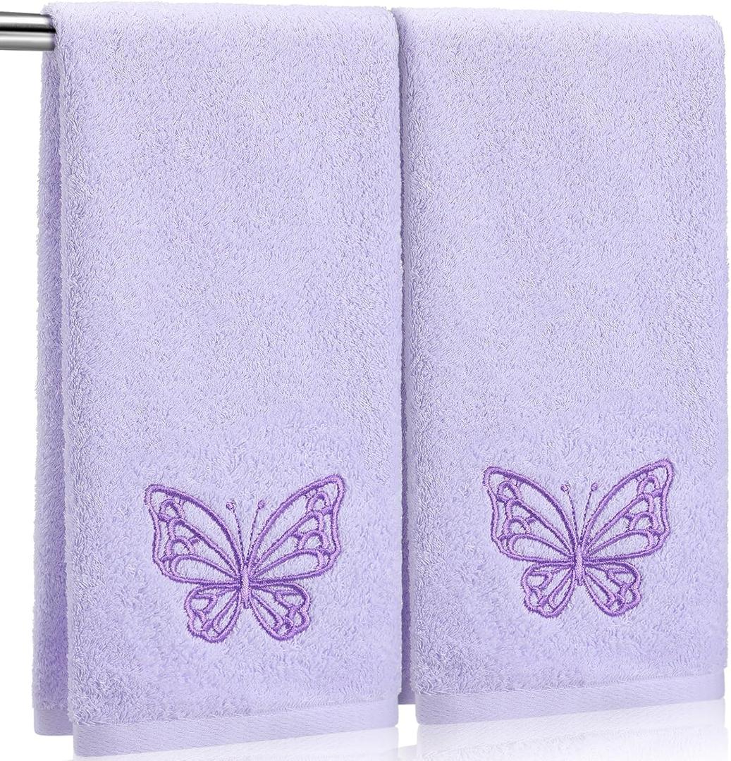 SmoothNovelty 2 Pcs Butterfly Hand Towels Light Purple Bathroom Decor 14x29 Inch Embroidered 100% Cotton Soft Absorbent Spring Summer Washcloths Decorative Hand Towels for Bathroom Kitchen