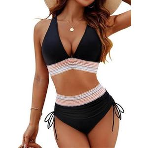 Blooming Jelly Women High Waisted Bikini Sets Tummy Control Swimsuits Color Block Two Piece Drawstring Bathing Suit (Black, M)
