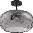 Matte Black Semi Flush Mount Ceiling Fixture Large Smoked Hammered Glass Shade Modern Close to Ceiling Light 14" Art Lampshade for Hallway Foyer Bedroom
