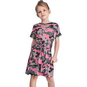 WDIRARA Girl's Camo Print Tie Front Round Neck Short Sleeve T Shirt Dress, 8 Years