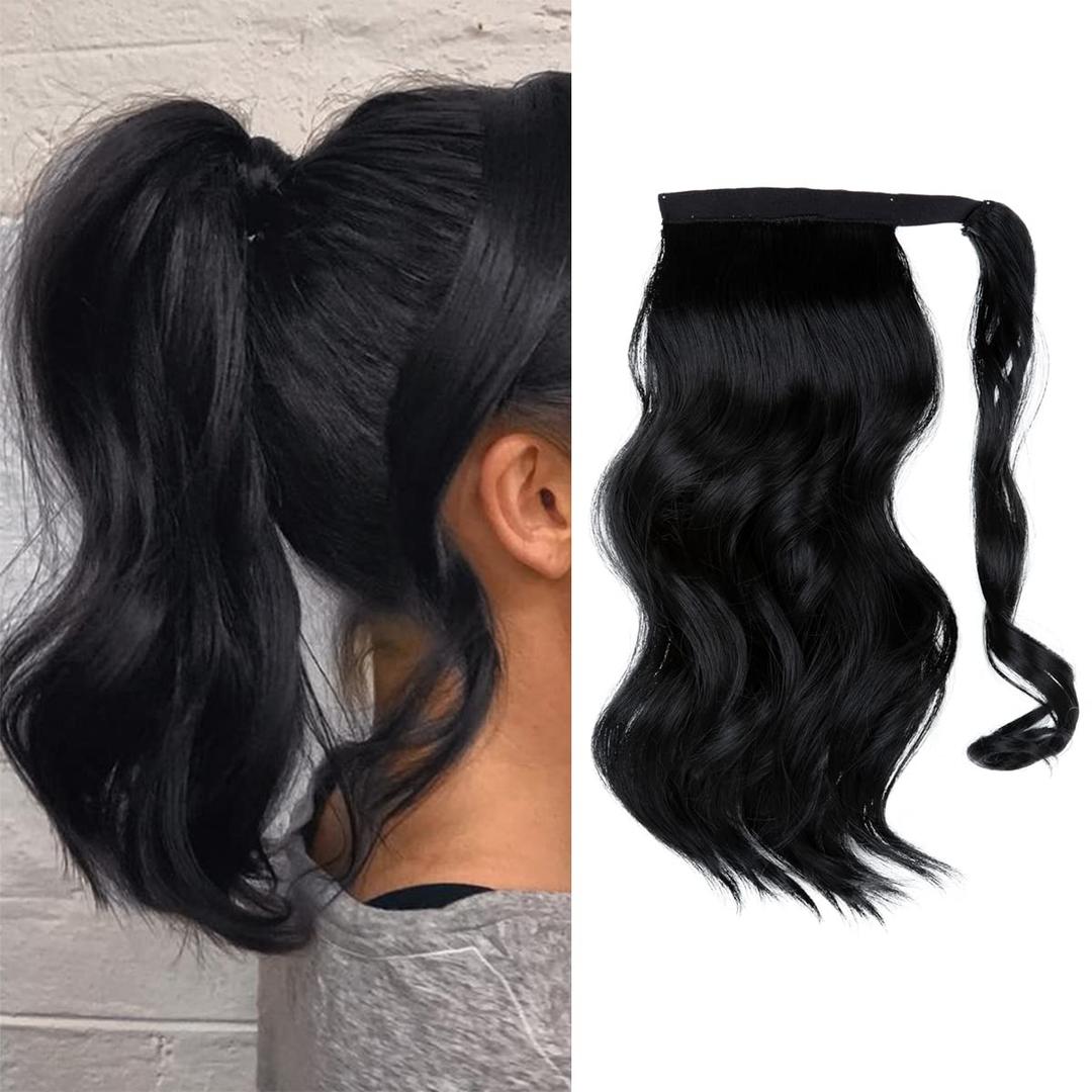 CJL HAIR 14" Short Ponytail Hair Extension Wrap Around Pony Tail Clip in Curly Wavy Synthetic Fake Hairpiece for Women, Jet Black