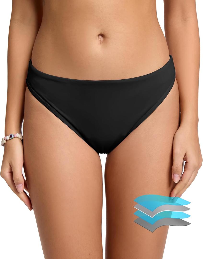 Beautikini Period Swimwear Bikini Menstrual Swim Bottoms Leakproof Low Waisted Period Bathing Suit Bottoms for Teen Girls (Small, Black)