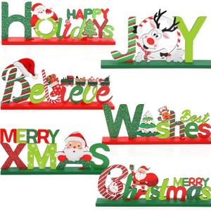 Hommtina 6 Pcs Table Decorations, Merry Tabletop Wooden Sign Indoor Decorations for Dinner Party Coffee Table