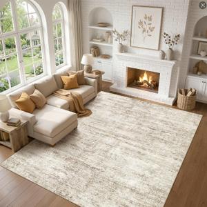 8x10 Area Rugs Living Room: Washable Non Slip Soft Abstract Beige Rugs for Bedroom Dining Deor, Low Pile Stain Resistant Indoor Carpet for Farmhouse Nursery Office Kid & Pet Friendly