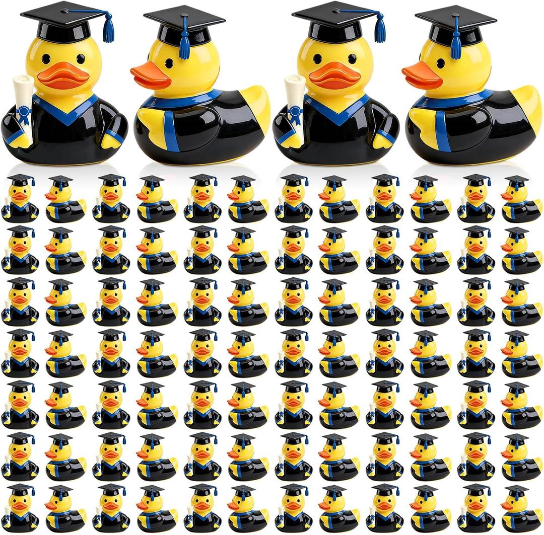 Vicenpal 100 Pcs Mini Graduation Ducks 2026 0.6 x 0.8 Inch Resin Grad Ducks Bulk Tiny Grad Duck Figures with Graduation Cap Yellow Duckies Figurine for Reward Prize Gift Party Supplies(Blue), 0.59 x 0.79 inch / 1.5 x 2 cm
