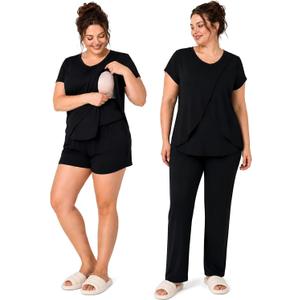Rnxrbb 3 PCS Nursing Pajamas Set Postpartum Pjs Breastfeeding Sleepwear for Women Double Layer with Pockets, M