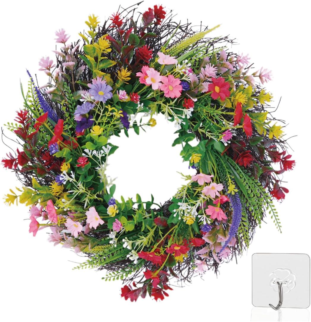 Daisy and Lavender Wildflower Spring and Summer Artificial Spring Wreath Silk Summer for Front Door Home Wall Wedding Festival Farmhouse Holiday Decor (18 inch) (Lavender With Hook)