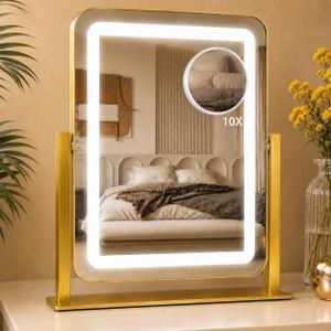 HNV LED Makeup Mirror with Lights, Large 15" x 13", 3 Color Modes & Adjustable Brightness, Plug-in Vanity Mirror with Touch Control, 360 Rotation Desk Mirror for Bedroom, Bathroom & Dorm