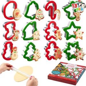 JOYIN 13 PCS Christmas Cookie Cutters in Stainless Steel with 3.5 plus Grip and a Rolling Pin for Xmas Holiday Party Baking Supplies, Snowflake, Gingerbread Cookies Mold and Baking Gift