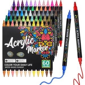 60 Colors Dual Tip Acrylic Paint Pens, Fine Tip & Dot Tip Acrylic Paint Markers, Water-Based Permanent Paint Pens for Rock Painting, Canvas, Glass, Ceramic, Wood, DIY Craft Art Supplies