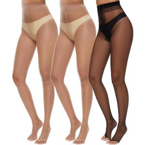 MANZI 3 Pairs Toeless Pantyhose Tights for Women Ultra Thin 10D Toe Open Control Top Pantyhose (Small, 2 Natural+1 Black)