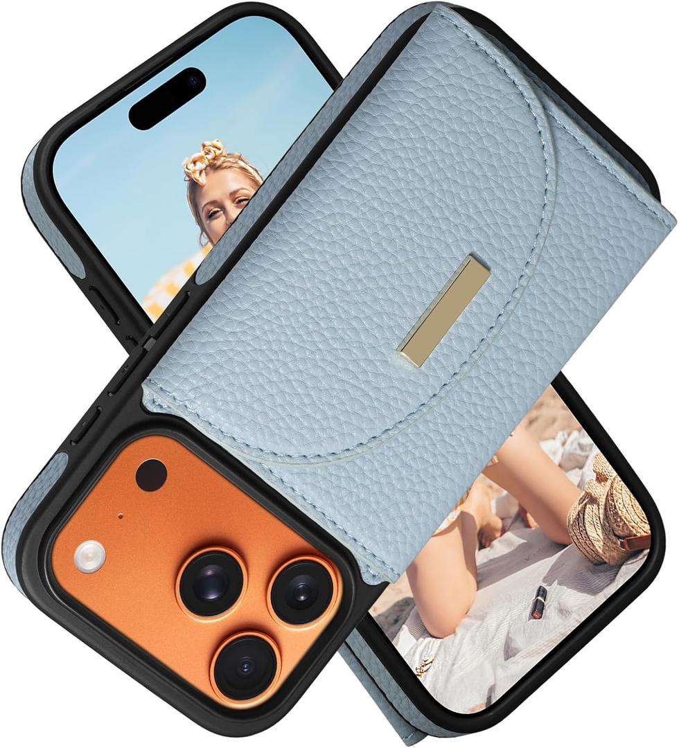 Keallce Wallet Case for iPhone 17 Pro 6.3'', Flip Case with RFID Blocking Card Holder Slots Kickstand, PU Leather Protective Folio Cover for Women, Blue