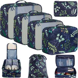 BAGAIL 8 Set Packing Cubes Luggage Packing Organizer Bags for Travel Accessories-Navy Leaf