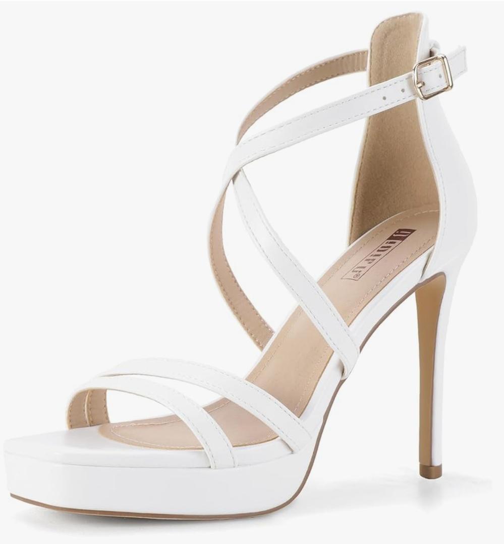 IDIFU IN4 Platform High Heels for Women Strappy Heeled Sandals Square Toe Heels Stiletto Heels Women's Wedding Party Bridal Sexy Dress Shoes Open Toe Heels, White, 7.5