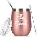 GINGPROUS 50th Birthday Gifts for Women Wife Mom Friends Coworkers, Fifty and Fabulous Wine Tumbler for 50th Birthday, 12 Oz Stainless Steel Insulated Wine Tumbler with Lid and Straw, Rose Gold