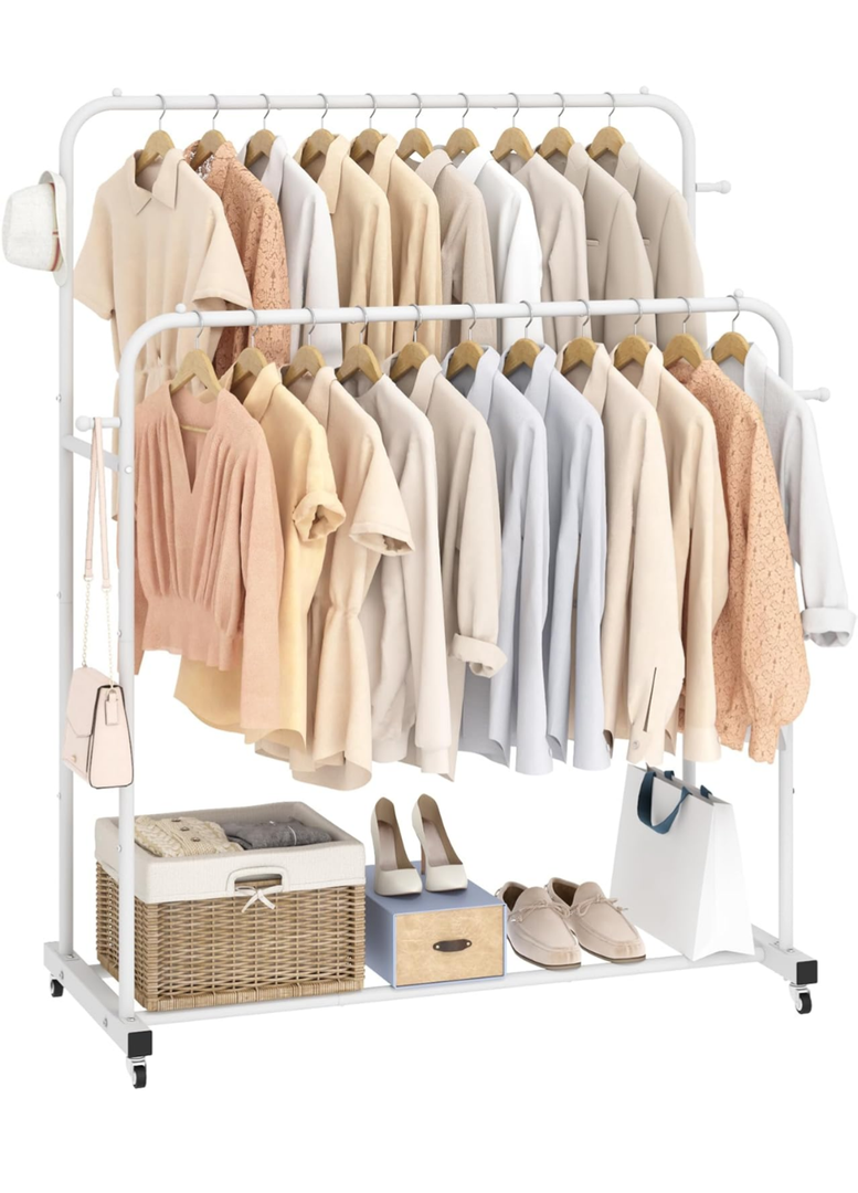 Laiensia Double Rods Garment Rack with Wheels, Clothing Rack for Hanging Clothes,4 Hooks, Multi-functional Bedroom Clothes Rack, White