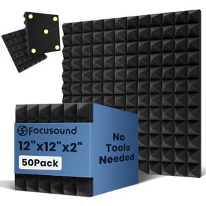 Focusound Acoustic Panels 50 Pack 2"x12"x12" with 300 PCS Double-Side Adhesive - Sound Proof Pyramid Foam for Walls, Home Studio Noise Absorption & Echo Control Kit