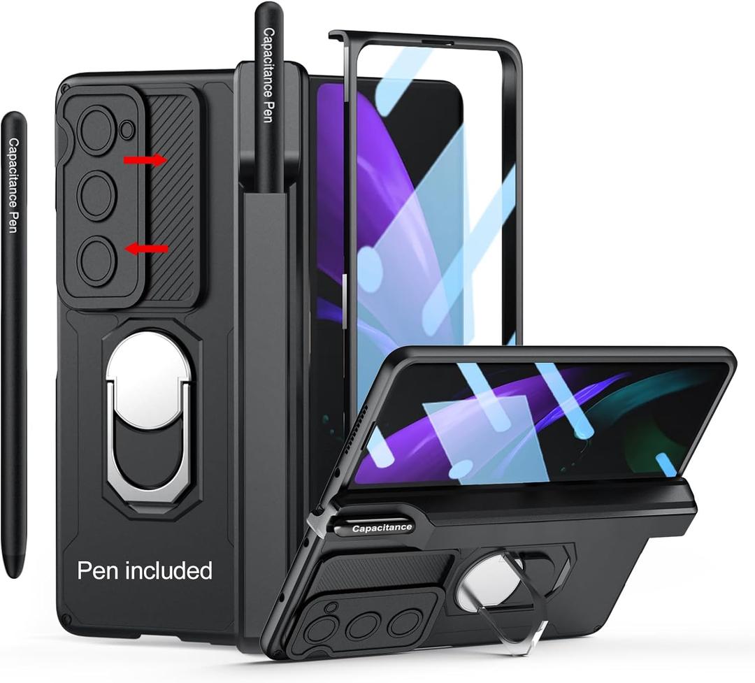 Compatible with Samsung Galaxy Z Fold 2 Case Heavy Duty Protective, Camera Lens Cover, Capacitance Pen & Pen Holder & Hinge Protection, Screen Protector, Metal Ring Stand Cover 5G 2020, Black