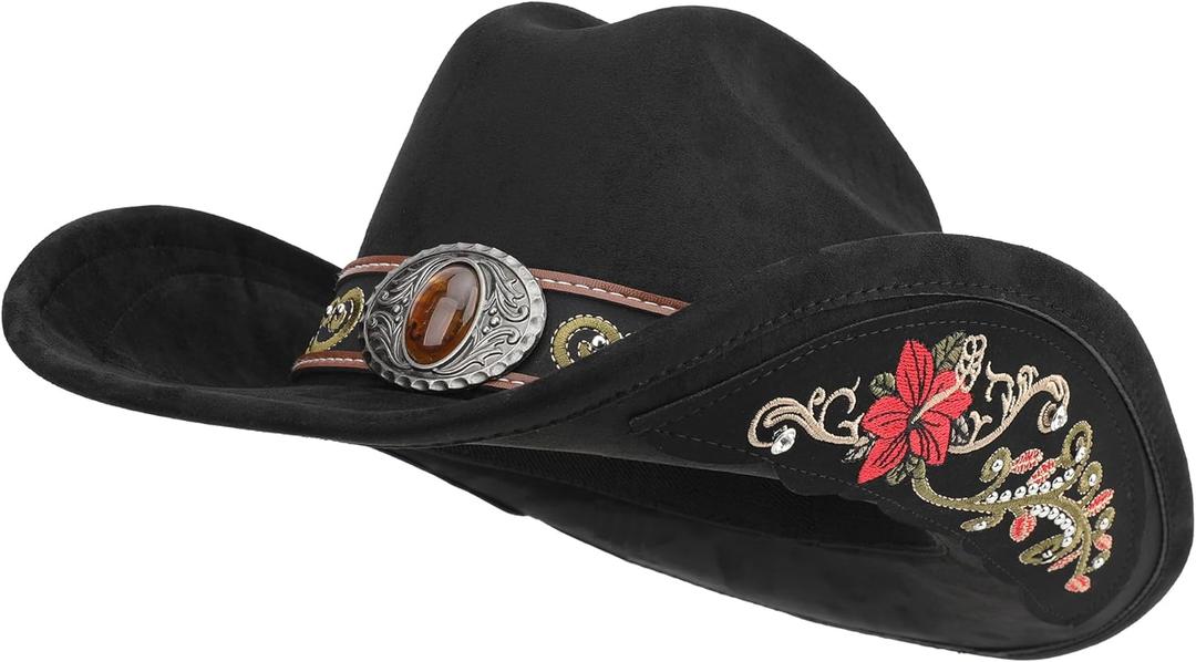 Western Cowboy Hat for Men and Women, Shapeable Big Wide Brim Cowgirl Hat with Embroidery (Large, Black)