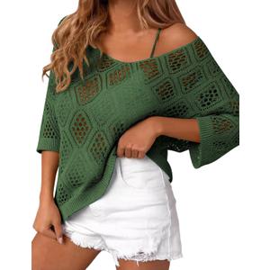 LOMON Womens 3/4 Sleeve Crochet Tops Off Shoulder Hollow Out Sweater V Neck Casual Loose Fit Beach Cover Up, XL