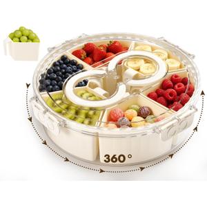 Divided Snack Serving Tray with Lid and HandleSnackle Box Container for Fruits Candy OrganizerPortable Spinning Rounded Veggie Tray for Kitchen, Party, Trave and Picnic, White