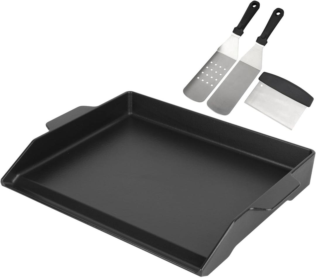 BBQ Future Universal Griddle for Gas Grill with spatula set, 18" x 14" Nonstick Cast Iron Outdoor Gas Grill Griddle Insert, Large BBQ Flat Top Plate fits Electric/Stove Accessories