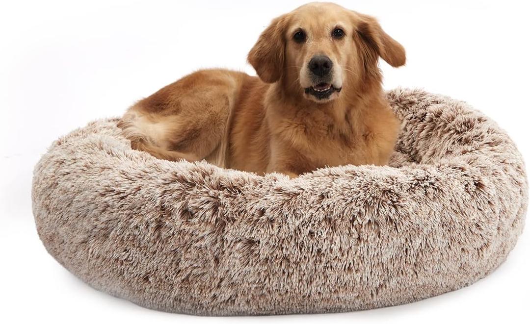 Bedfolks Calming Donut Dog Bed, 36 Inches Round Fluffy for Large Dogs, Anti-Anxiety Plush, Machine Washable (Brown, Large)