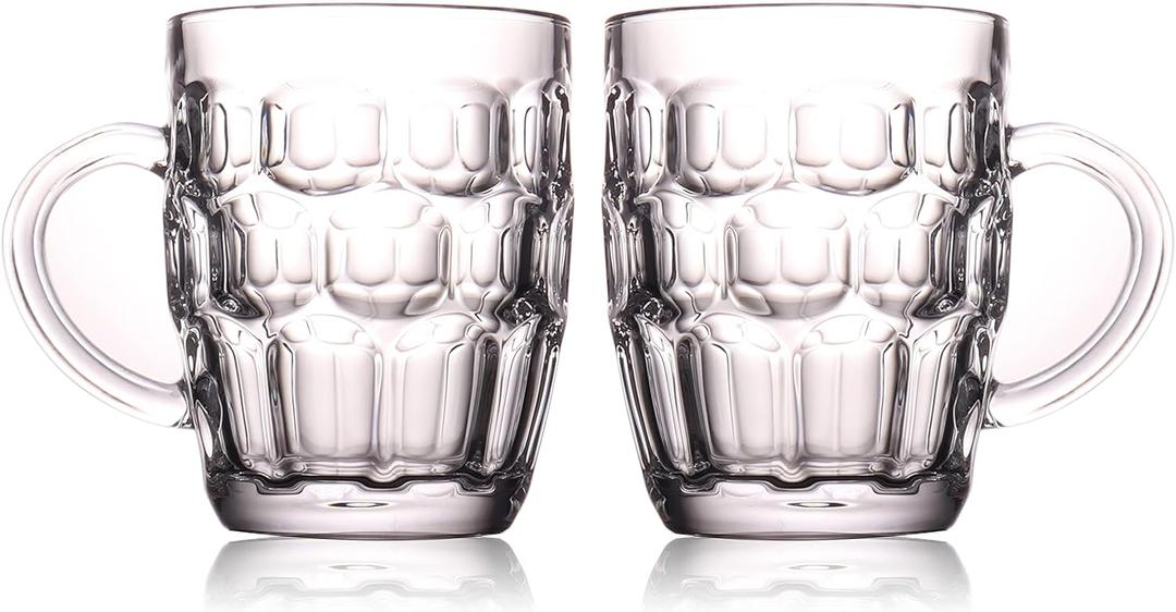 BothEarn 1 Pint Dimpled Beer Mug Set of 2 - Heavy British Pub Thick Glass with Handle - Stein Cup for Beer Lover in Home Party BBQ
