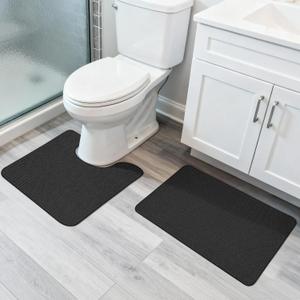 Bathroom Rugs Set 2 Pieces,Thin Bathroom Mats,Toilet Rugs,Quick Dry,Non-Slip,Machine Washable,Low Pile,Absorbent Bath Mats,Shower,Sink,Home Decor Accessories.Black,1'5"x2'3"+1'8"x2" U Shape