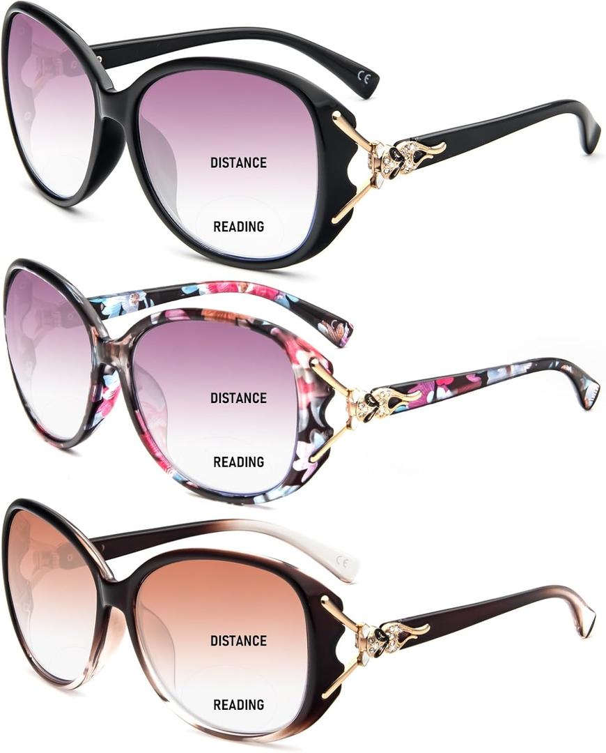 3 Pack Bifocal Sunglasses for Women Oversized Reading Sunglasses with Readers (3 Pack(black, Wrapped Flower Color, Brown))