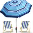 7ft Heavy Duty High Wind Beach Umbrella Parasols With Sand Anchor & Tilt Sun Shelter, UV 50+ Protection Outdoor Sunshade Umbrella Carry Bag For Patio Garden Pool Backyard Stripe Blue — Insert Completely Into The Sand