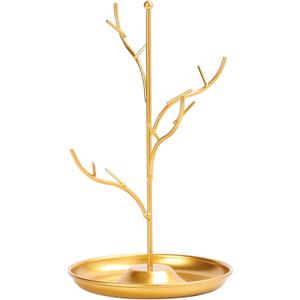 ChezMax Jewelry Display Necklace Earring Organizer Holder Metal Birds Tree Stand with Tray Antique Bracelet Rings Rack Tower Decoration for Women Girl Gold 9.4 Inch