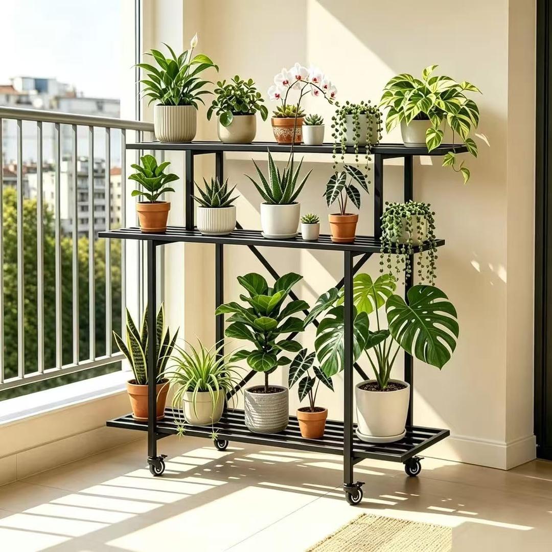 Zhongma 3 Tier Heavy Duty Metal Plant Stand with wheels L35.43 | L35.43 xW17.32 x H41.73 in, Heavy Duty Construction, 660 Capacity, Easy assembly, Home Indoor and Outdoor plant stand
