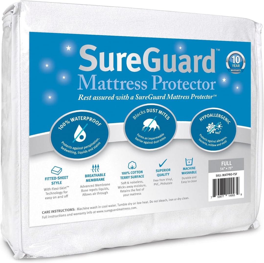 SureGuard Waterproof Mattress Protector, Full Size Mattress Cover Soft Noiseless Breathable Hypoallergenic Washable Mattress Pad, Stretchable Pockets fit Bed 6-18" Deep