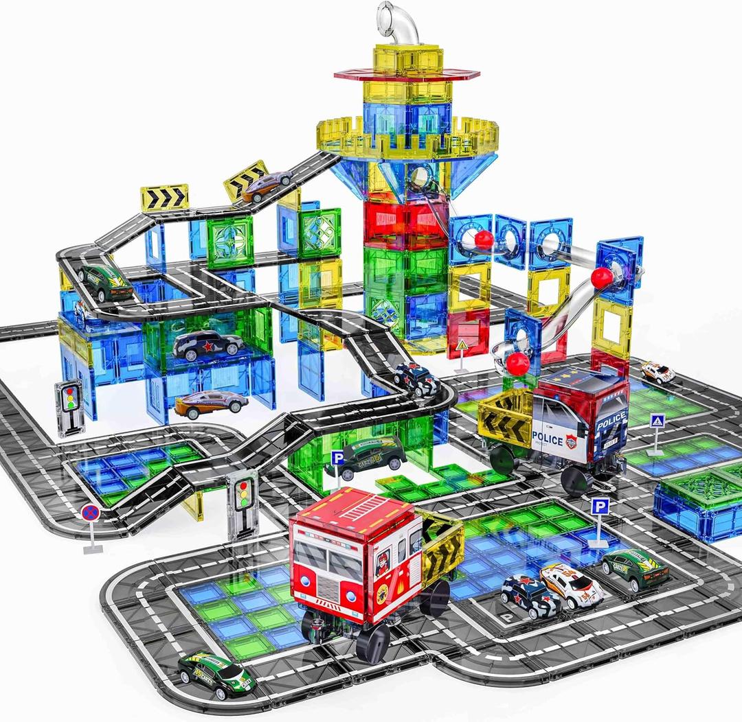 150PCS Magnetic Tiles Road Set with Marble Run, Preschool Magnet Tiles Included Magnetic Cars. STEM Magnetic Tiles for Kids, Preschool Educational Building Toys for Boys & Girls