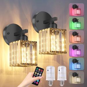 ZAUKNYA Battery Operated Wall Sconces Set of 2, Rechargeable Wireless Sconces with Remote Dimmable 12 Colors Crystal Battery Wall Sconce Set of Two,for Bedroom Living Room Hallway (Black)