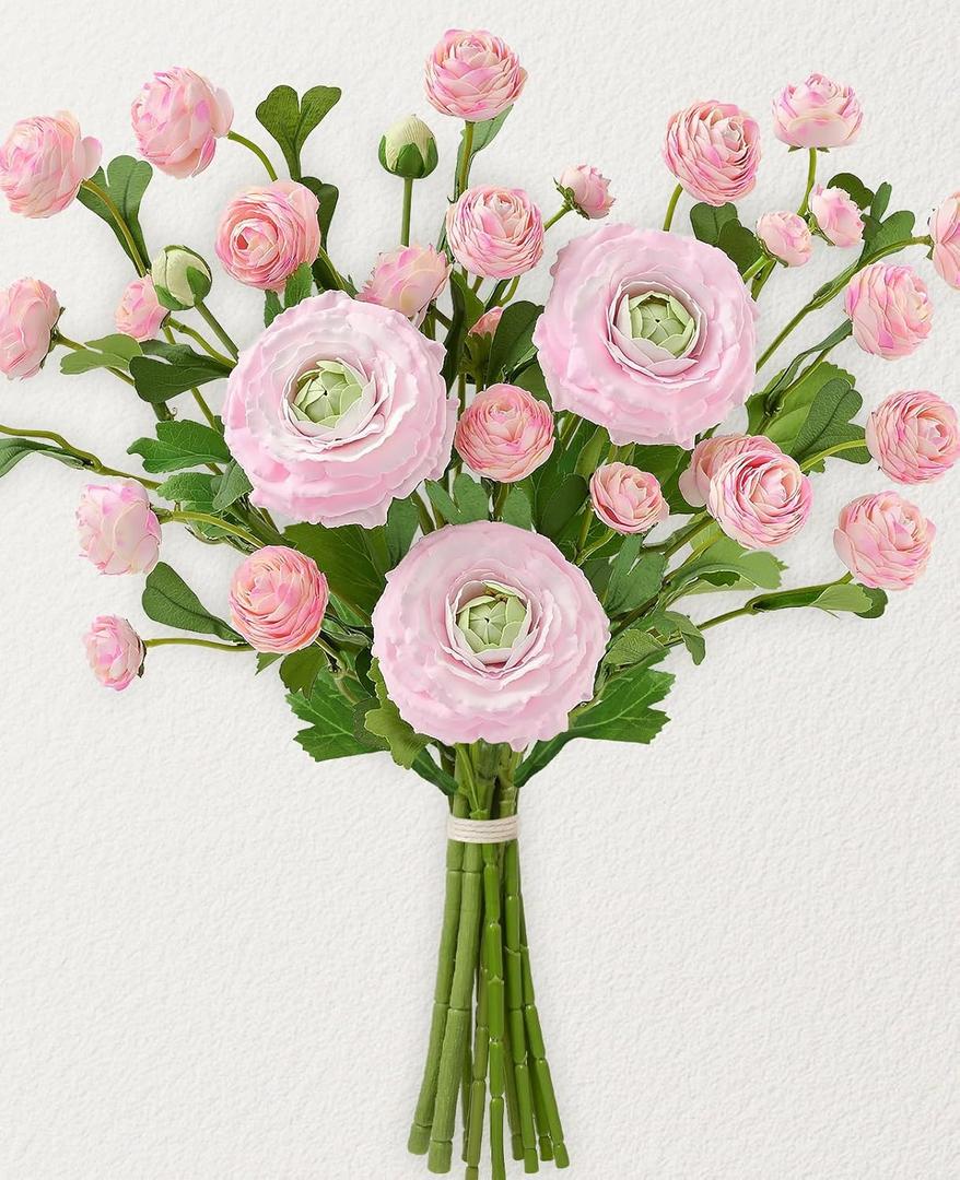 Dolicer Real Touch Ranunculus Artificial Flowers, 12Pcs 18 Inch Fake Peonies Artificial Flowers, Pink Faux Flower for Vase Faux Peony Bulk for Home Table Wedding Bridal Bouquet Decor