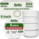 Betta 6-Inch Disposable Plastic Dessert Plates, White, 800 Count, Bulk Case for Schools, Breakrooms and Cafeteria, Microwave Safe (8 Pack Per Box x100)