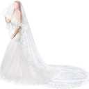 TINTON LIFE Wedding Bridal Veil Cathedral Lace Edge Womem's Long Appliques Veil 2 Tier, Light Ivory
