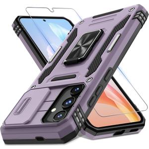 DEERLAMN Case for Samsung Galaxy S25+ Plus 6.7-Inch with Slide Camera Cover+Screen Protector(1 Pack), Rotated Ring Kickstand Military Grade Shockproof Protective Cover-Deep Purple