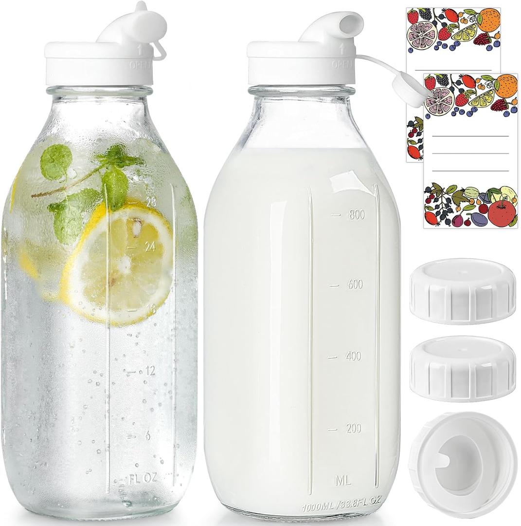 2 Pack Glass Milk Bottle with 2 Dispenser Caps, 100% Airtight Heavy Duty Screw Lid. 32 Oz Reusable Glass Water Jug with 3 Lids! Breast Milk Pitcher, Buttermilk, Nut, Juice, Syrup, Coffee Creamer