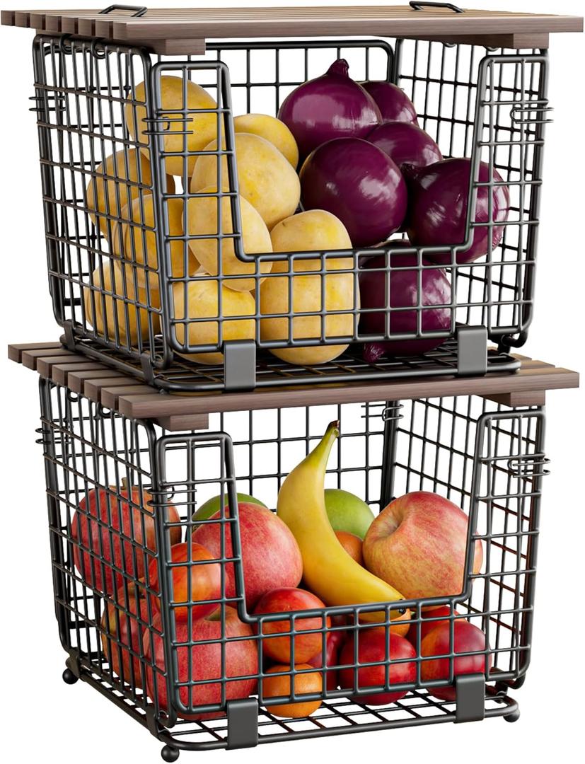 Wire Storage Basket For Kitchen Pantry and Counter - Stackable Wire Organizing Bin For Produce, Vegetable - Countertop Potato, Onion, Veggie Basket Brown (2pack-Bronze)