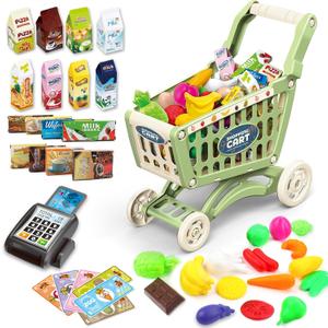 deAO Kids Shopping Cart Trolley for Groceries Toddlers 65 Food Fruit Vegetables Pretend Play Food Role Play Educational Toy Play Kitchen Toys Store Playset (Green)