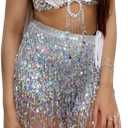 Belly Dance Sequin Tassel Skirt Hip Scarf Belt Mini Skirt Festival Rave Clothing for Women (Silver)